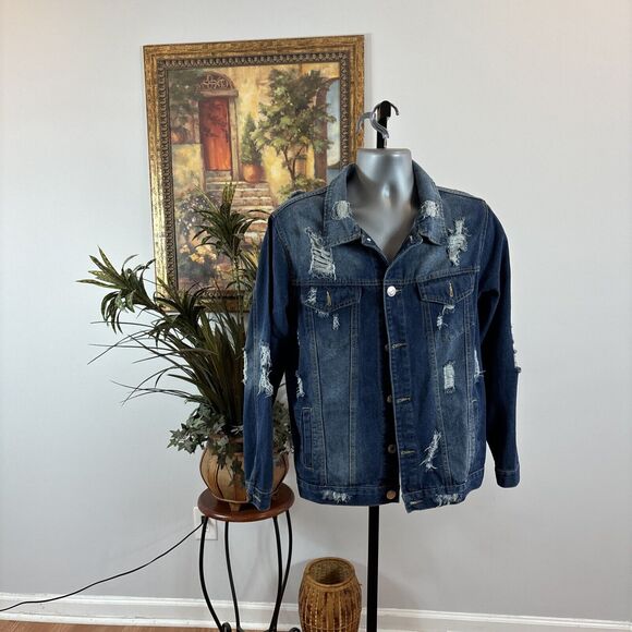 Trucker Men's Denim Jeans Jacket Blue Distressed Button Up Long Sleeve Pockets - Picture 1 of 10
